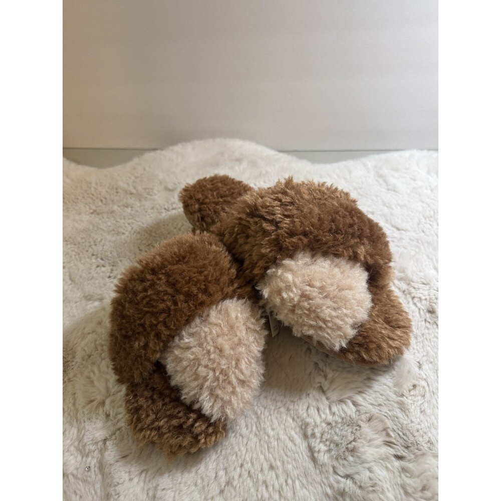 Aerie Slippers Womens Size 9 Criss Cross Slip On Slides Fuzzy Brown New Teddy
